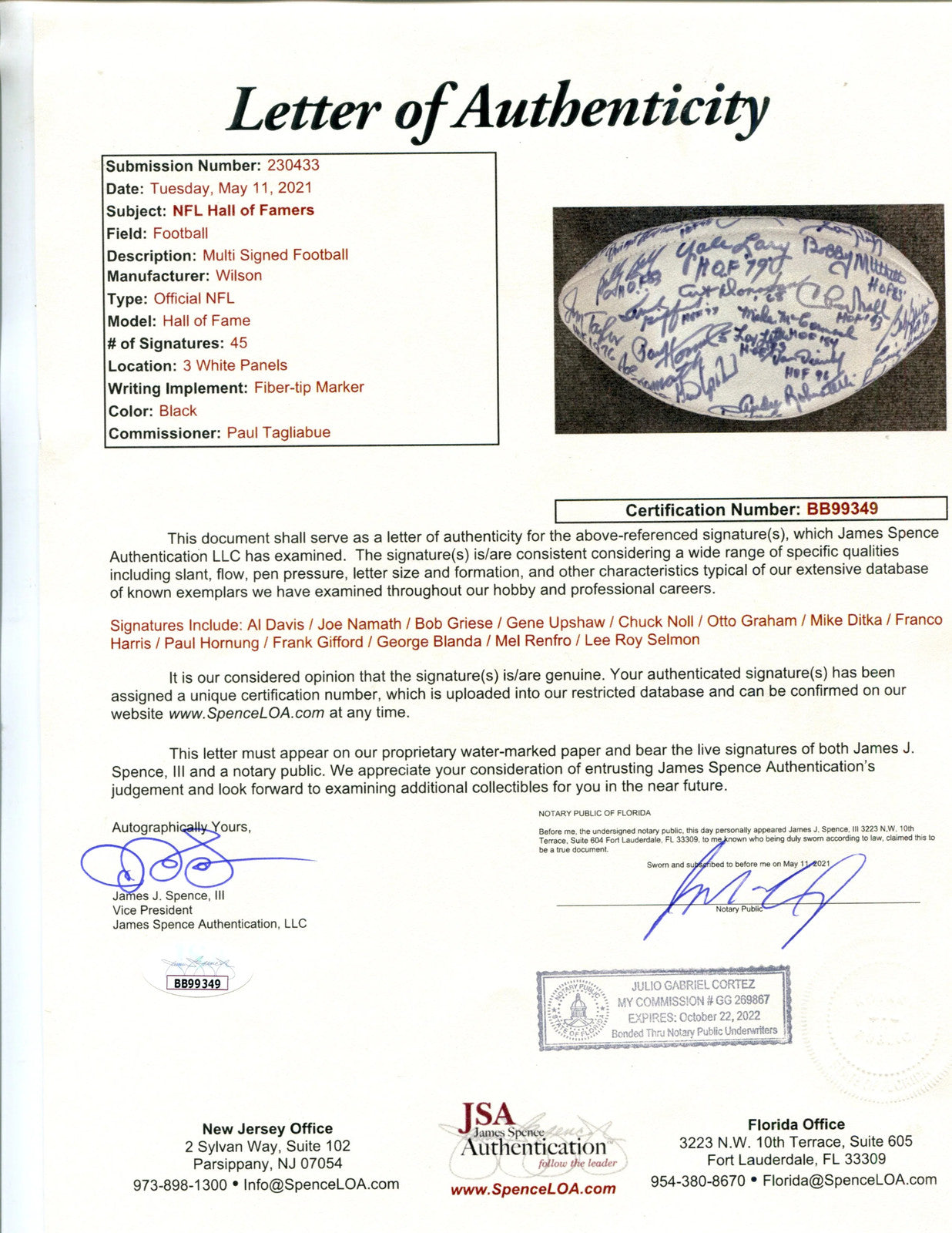 Al Davis/Mike Ditka/Joe Namath Autographed Pro Multi-Signed Hof Football