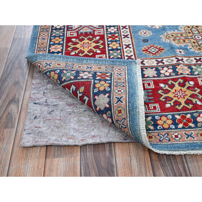 7'10"X9'8" Blue Kazak Tribal Medallions Design Hand Knotted Soft Wool Rug