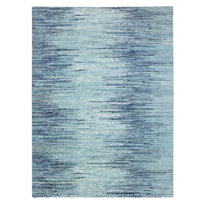 9'X12'3" Cerulean Blue Pure Wool Horizontal Ombre Design Hand Knotted Rug