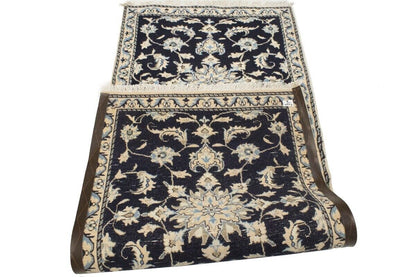 Handmade Wool Nain Runner Rug Classic Navy Floral