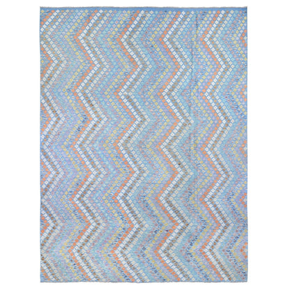 10'3'X13'3" Light Blue Kilim Hand Knotted Pure Wool Rug