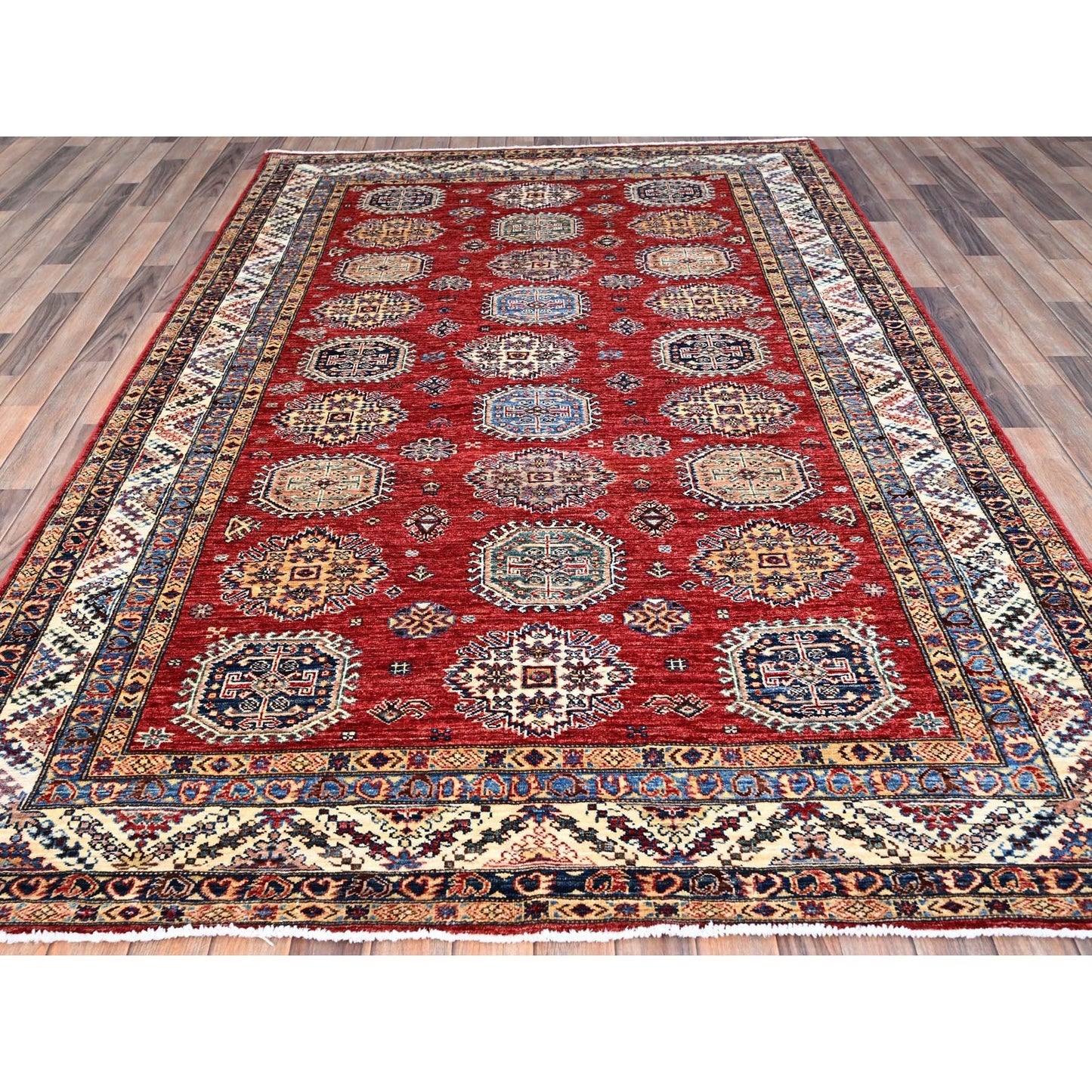 6'1"X8'10" Toreador Red Afghan Hand Knotted Super Kazak Wool Oriental Rug