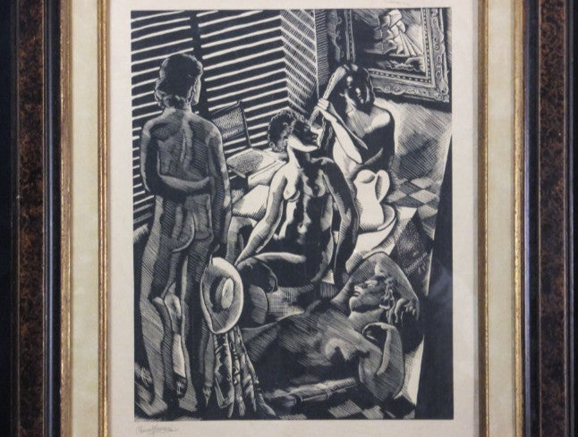 Clment Serveau Signed Large Woodcut "Interior With Figures" French Art Deco