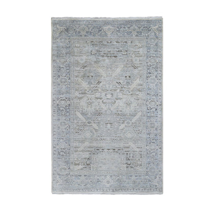 6'X9'5" Gray Pure Silk & Textured Wool Oushak Geometric Motif Rug