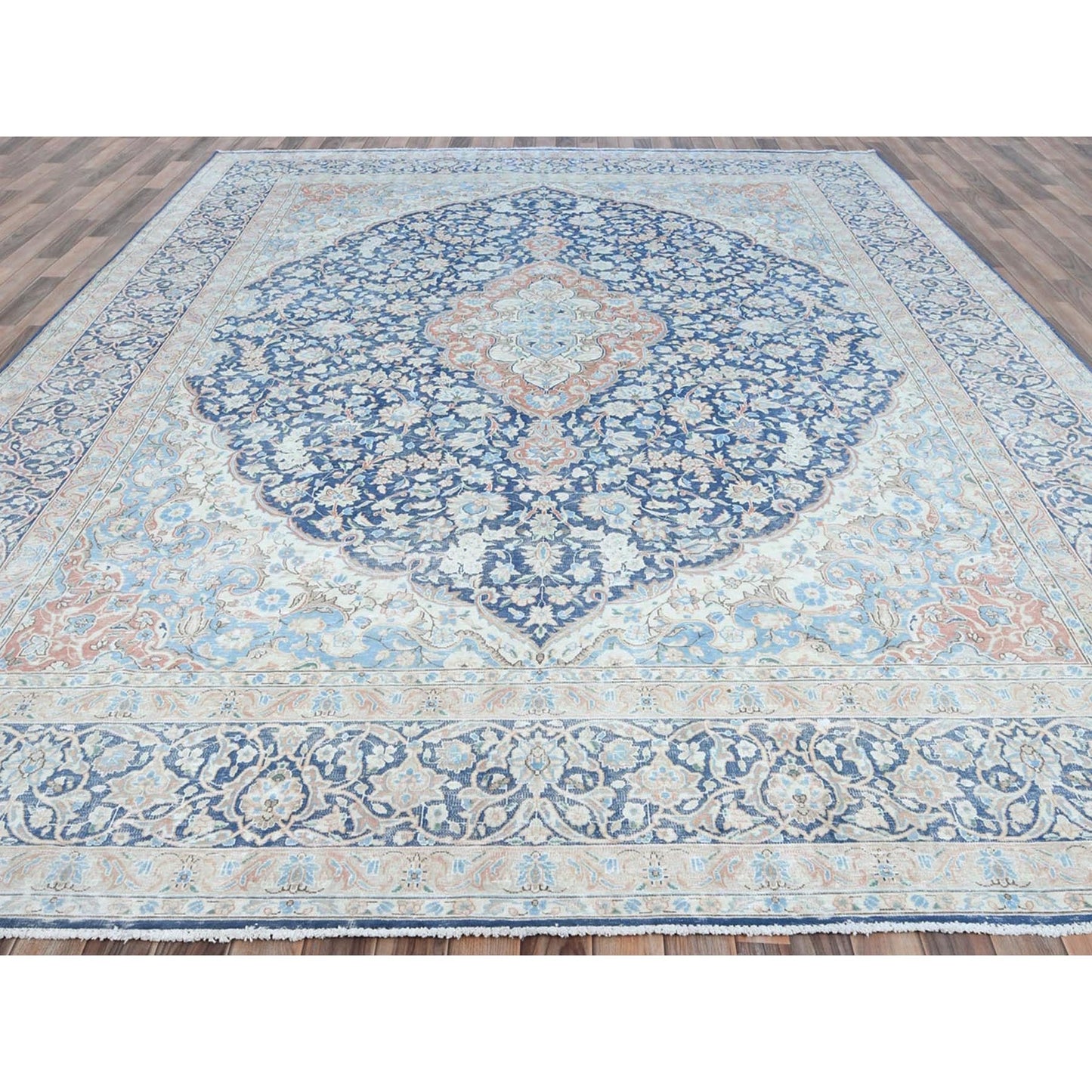 9'9"X12'8" Blue Worn Wool Hand Knotted Distressed Old Farsian Karman Rug