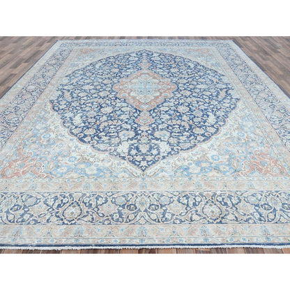 9'9"X12'8" Blue Worn Wool Hand Knotted Distressed Old Farsian Karman Rug