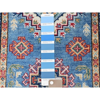 2'6"X6'2" Blue Kazak With Geometric Design Hand Knotted All Wool Runner Rug