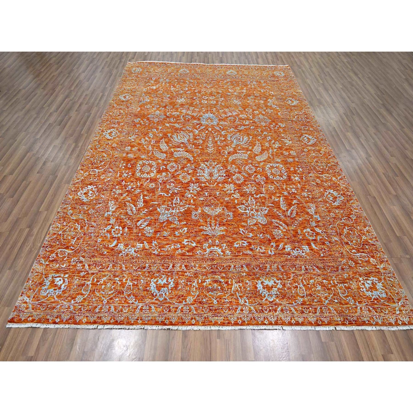 8'X10'4" Orange Zoroastrian Influence Design Wool & Silk Hand Knotted Rug