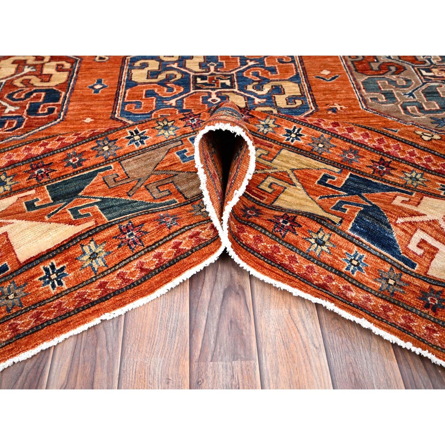 8'10"X11'10" Sun Orange Super Kazak Geometric Wool Hand Knotted Rug