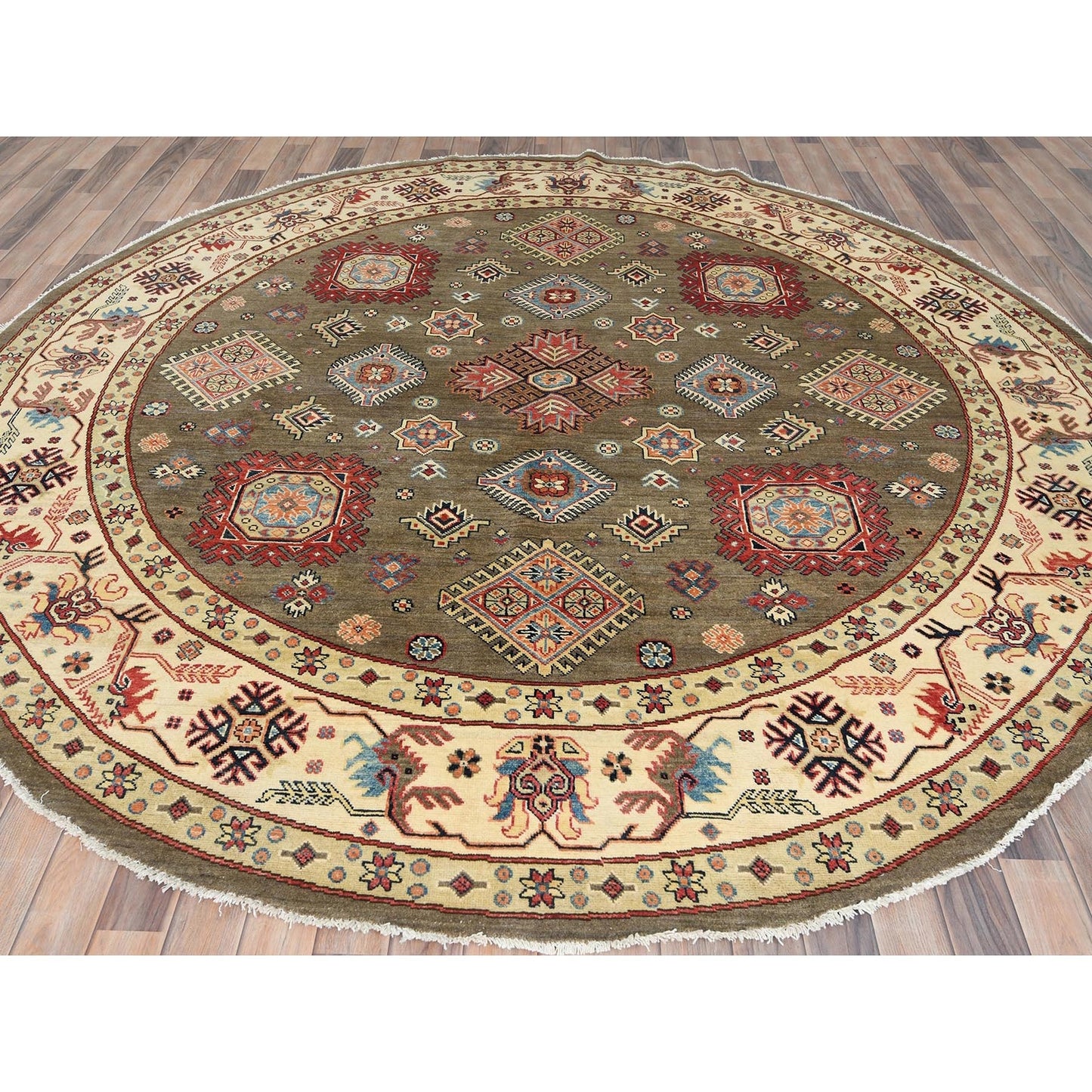 Rug 9'x9' Taupe Brown Special Kazak Pure Wool Hand Knotted Round Oriental