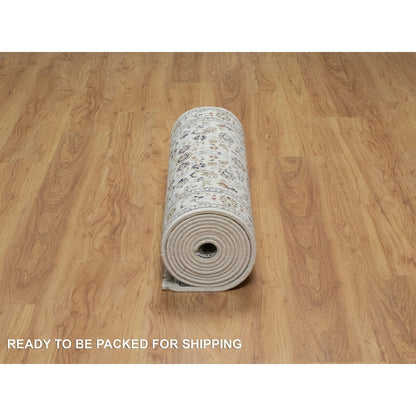 2'9"X14' White Wool And Silk Nain Flower Design Hand Knotted Runner Rug