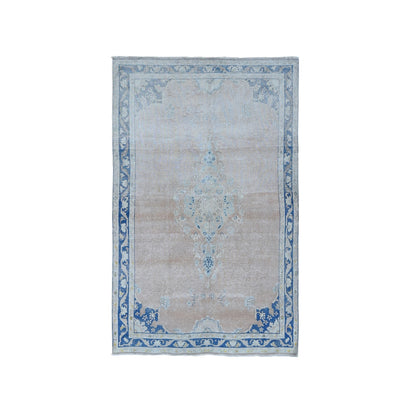 4'7"X7'6" Pink Worn Wool Hand Knotted White Wash Vintage Karman Rug