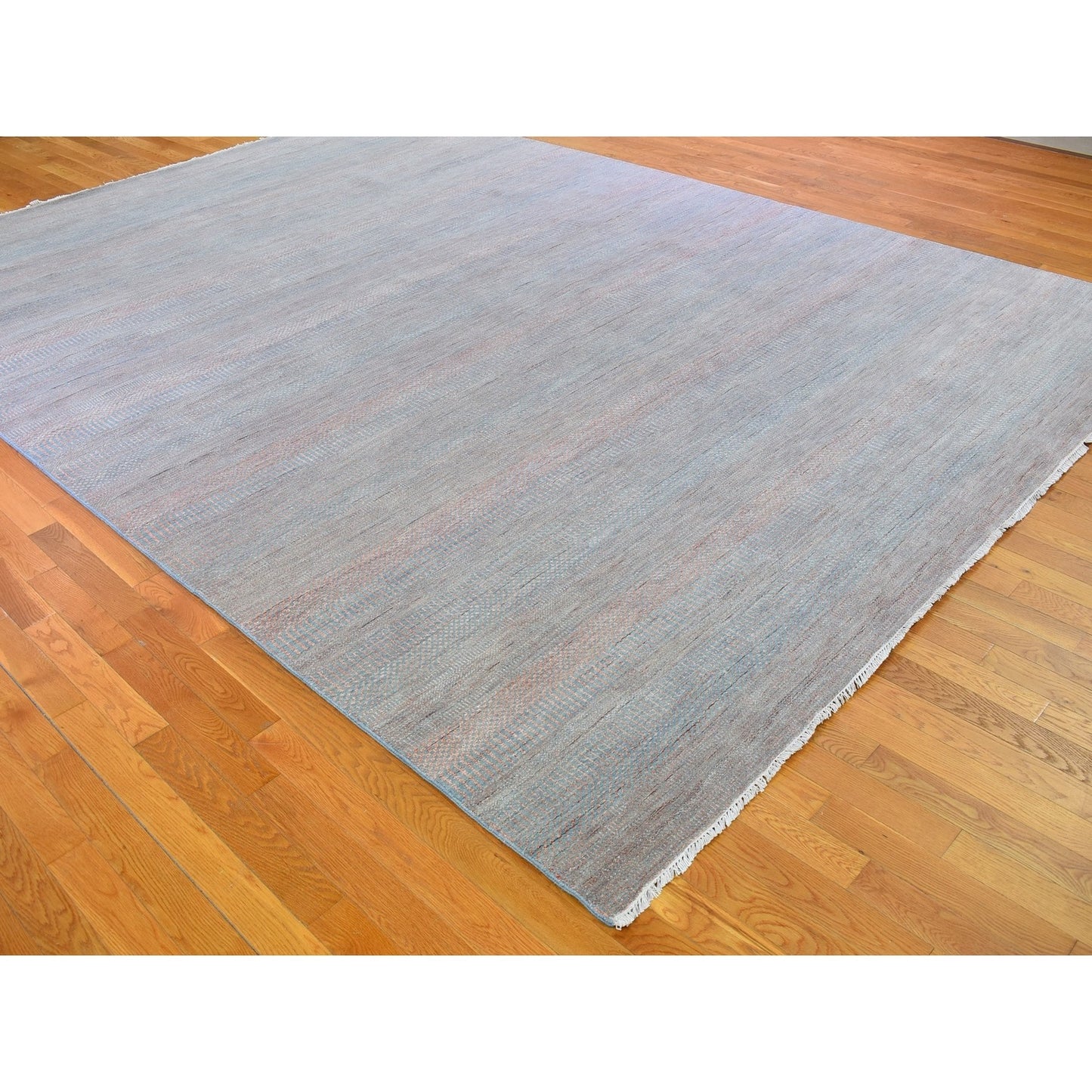 10'X14'2" Blue With Touches Of Peach Grass Design Wool&Silk Hand Made Rug