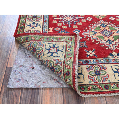 4'X6' Crimson Red Kazak With Tribal Motifs Hand Knotted Pure Wool Rug