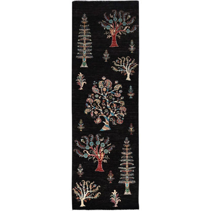 2'7"X8' Black Large Tribal Tree Design Afghan Sultani Oriental Runner Rug