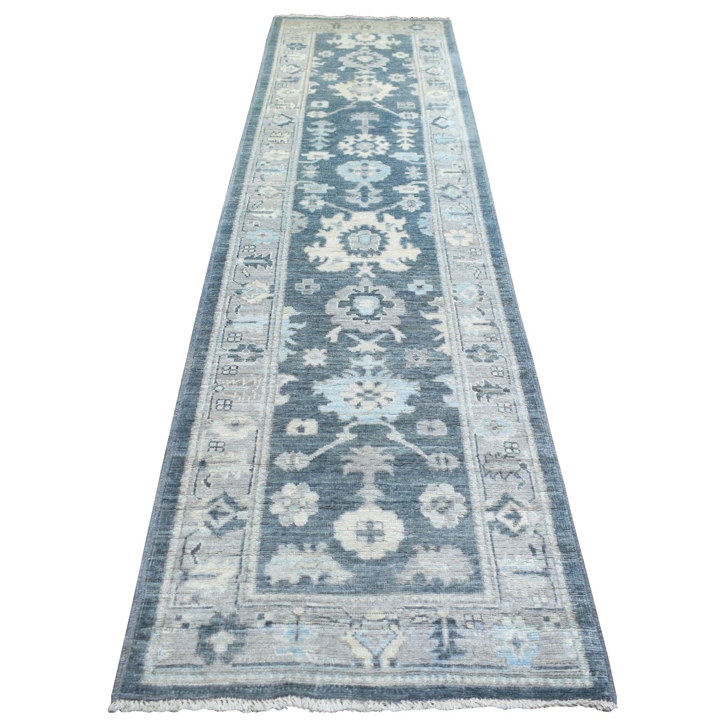 3'X11'7" Gray Angora Oushak Leaf Design Hand Knotted Wool Runner Rug