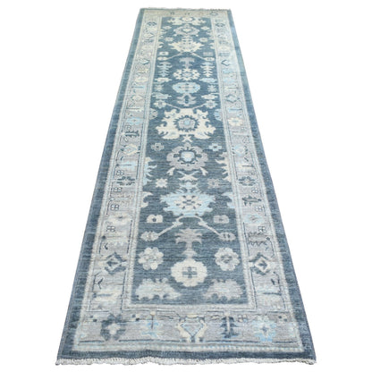 3'X11'7" Gray Angora Oushak Leaf Design Hand Knotted Wool Runner Rug