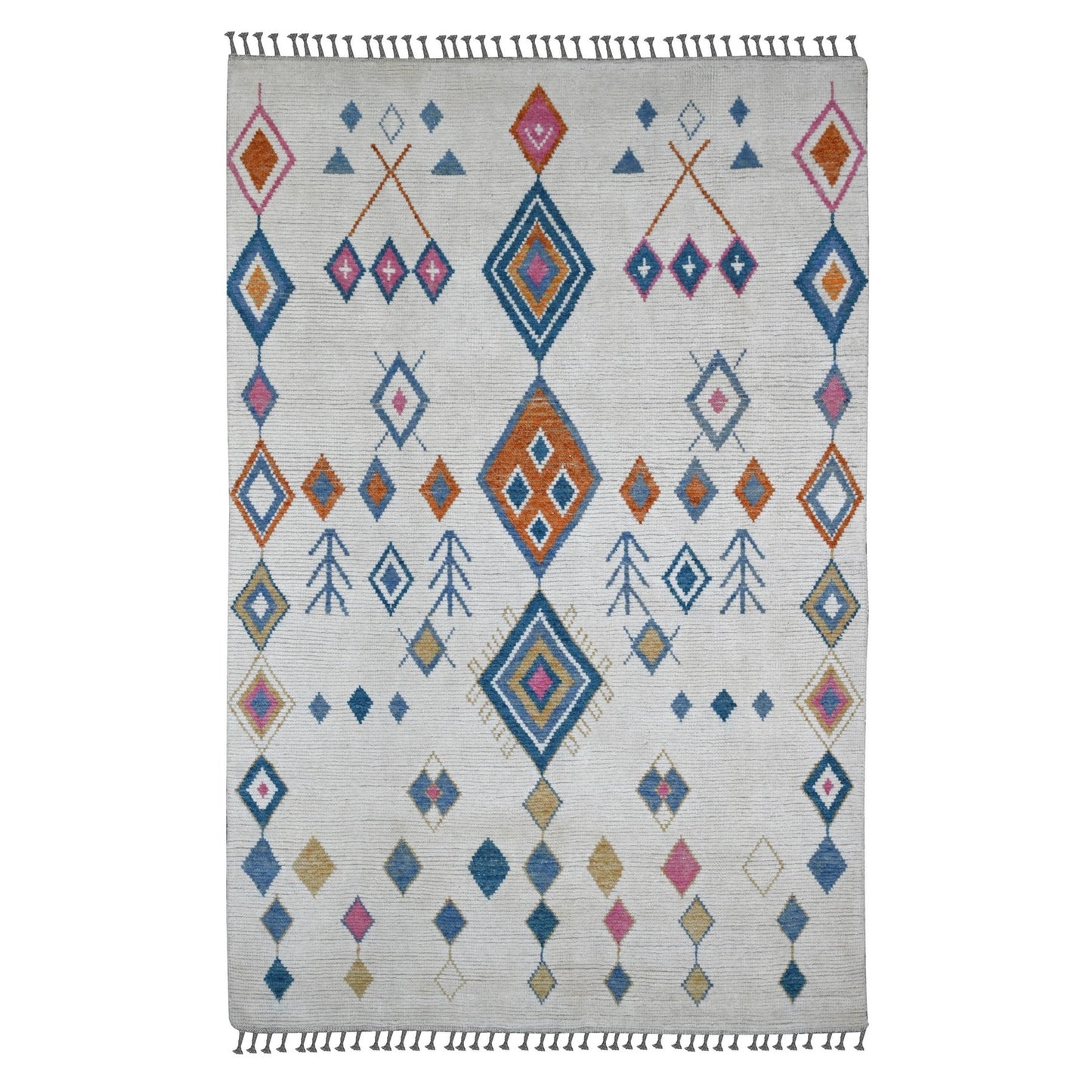 6'X9'3" White Moroccan Weave Geometric Pattern Hand Knotted Soft Wool Rug