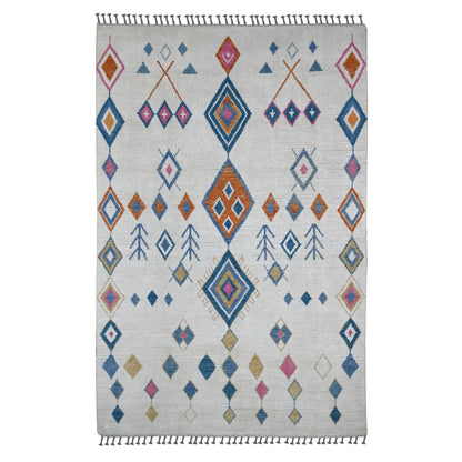 6'X9'3" White Moroccan Weave Geometric Pattern Hand Knotted Soft Wool Rug