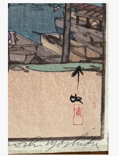 woodblock print of themes eight cherry blossom arashiyama by hiroshi yoshida 1935