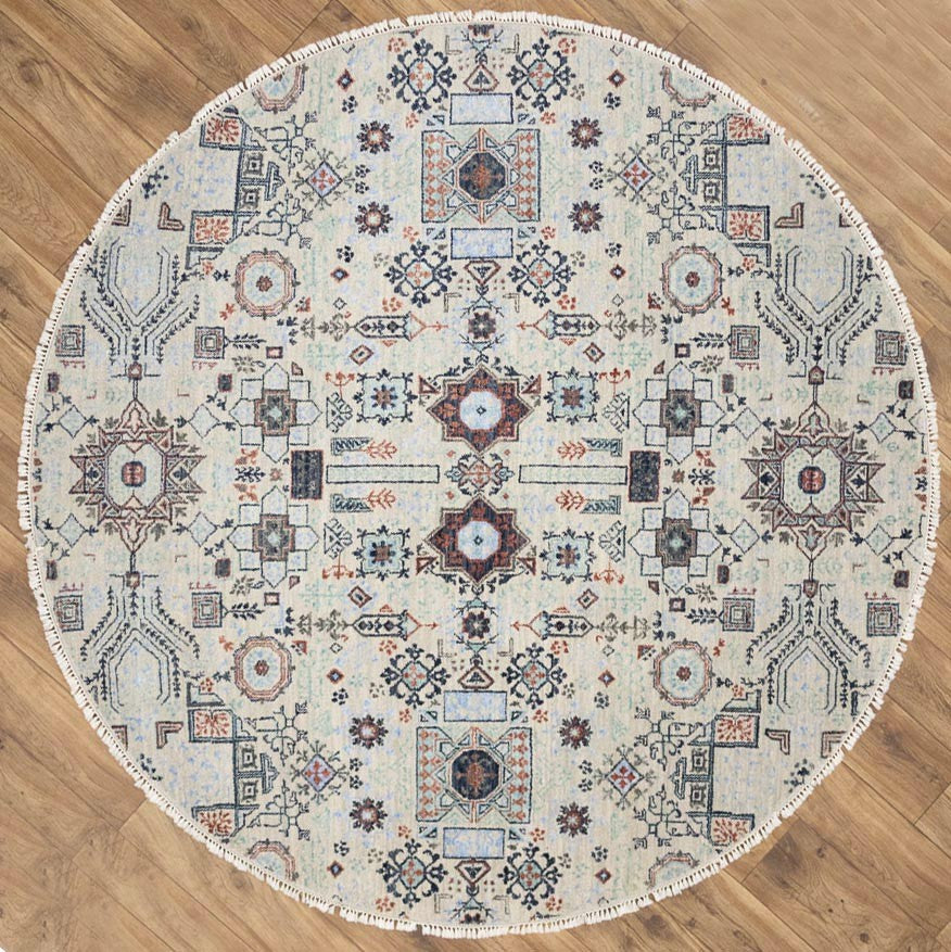Hand-Knotted Cream Oushak Oriental Round Rug 6x6 Ft Classic Foyer Carpet