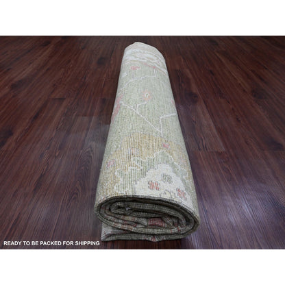 8'1"X9'7" Green Afghan Angora Oushak Leaf Design Wool Hand Knotted Rug