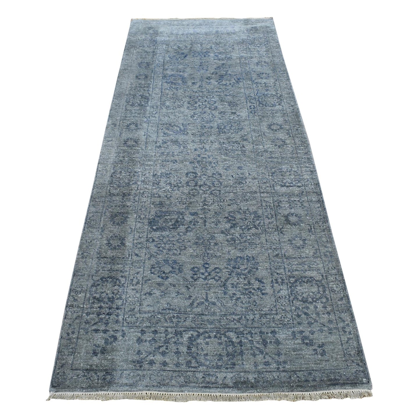 3'1"X8'3" Carbon Gray Tebraz Design Wool And Silk Hand Knotted Rug