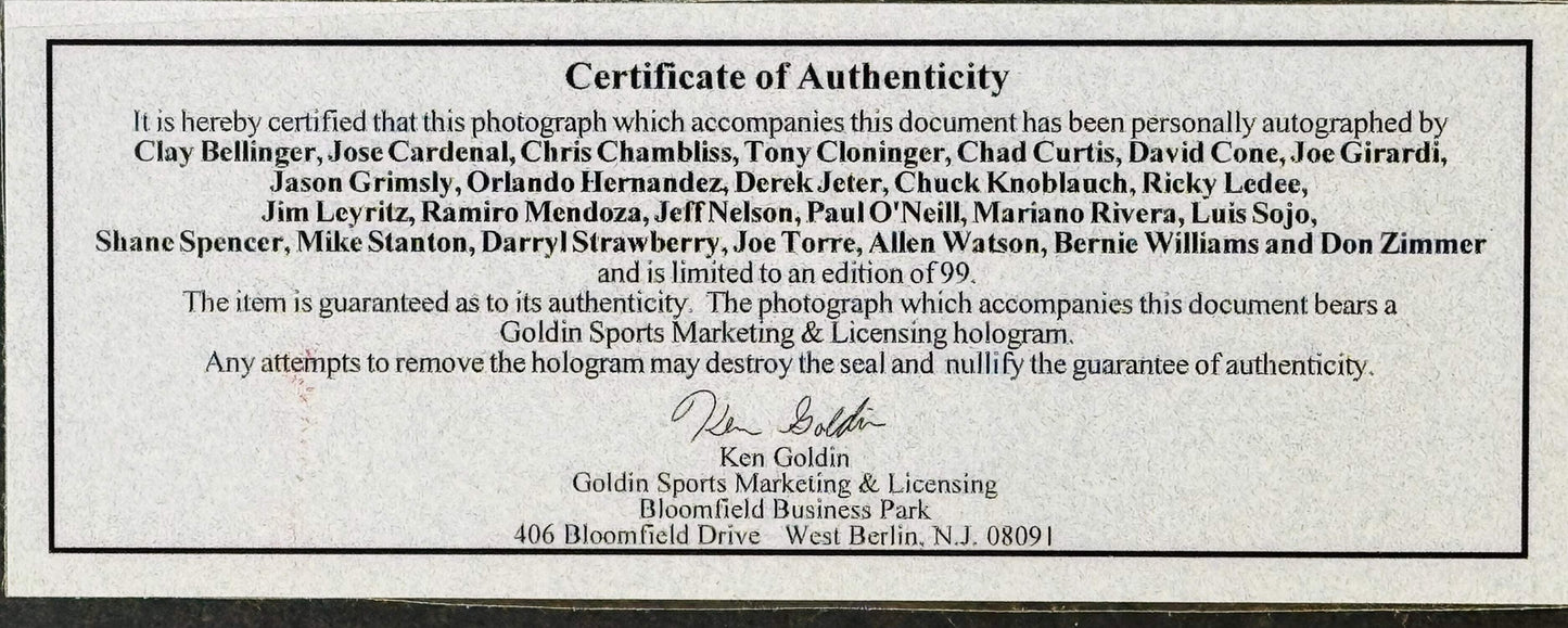 1999 New York Yankees World Series Champs Signed 16X20 Framed Photo #93/99 (Gold