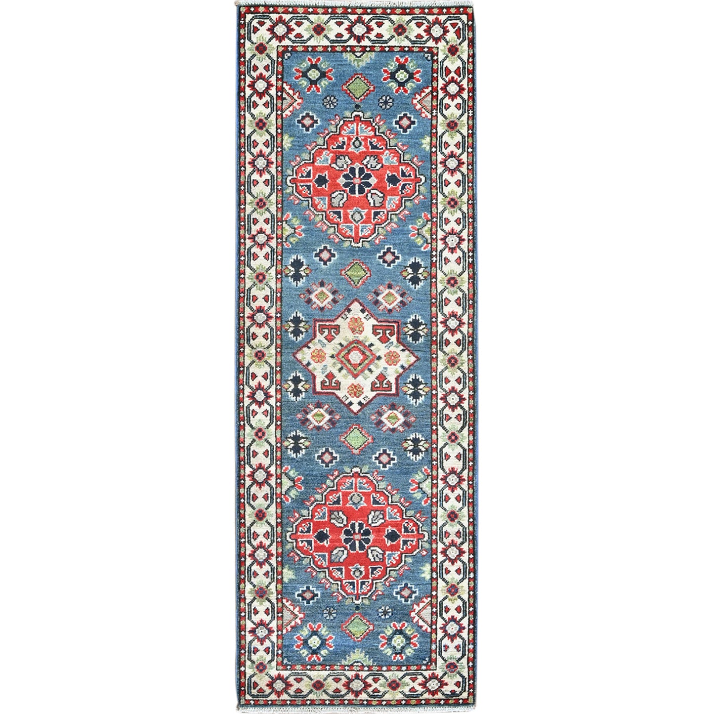 2'1"X6'1" Blue Kazak With Medallion Design All Wool Hand Knotted Runner Rug