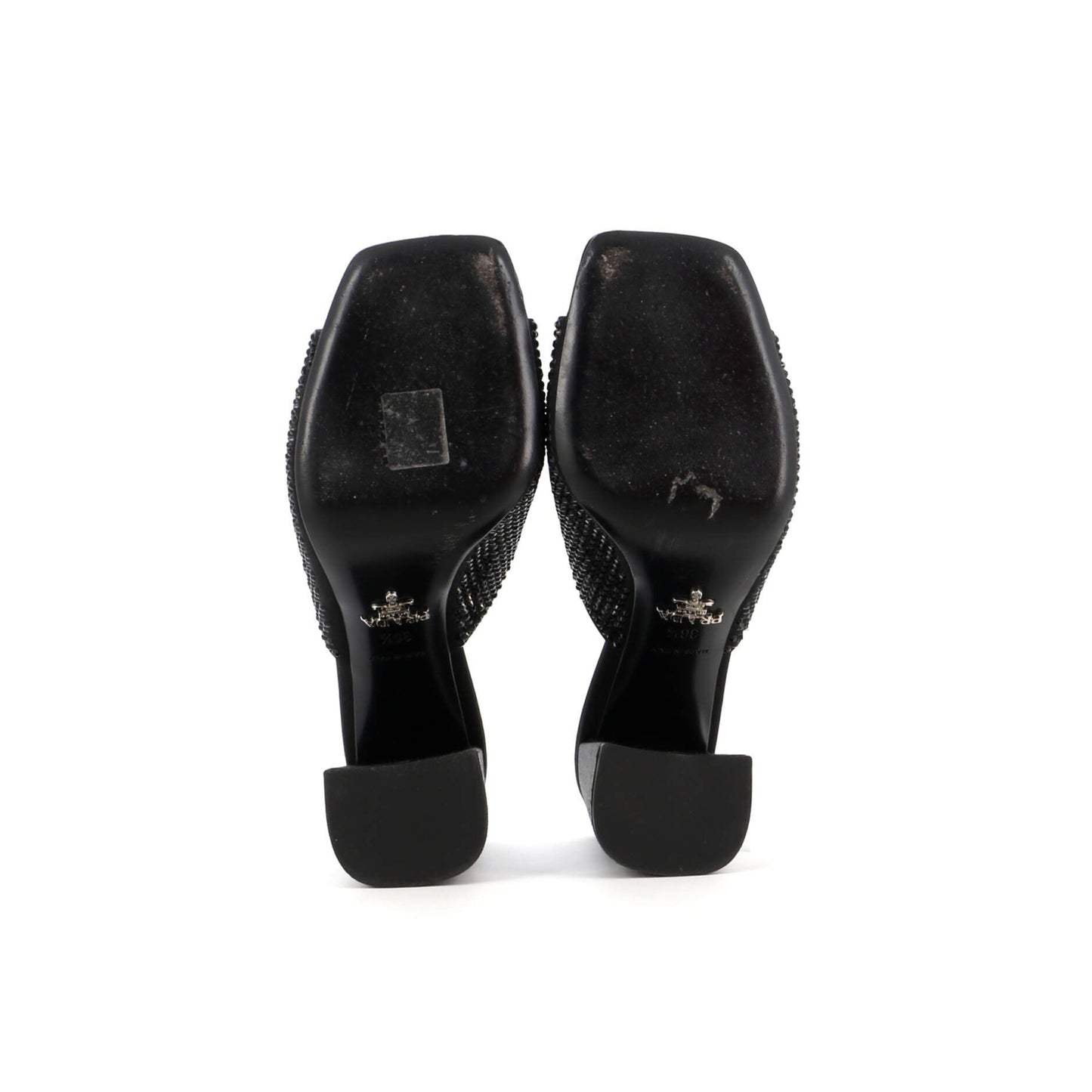 Prada Women'S Triangle Logo Heeled Mule Sandals Crystal Embellished Satin