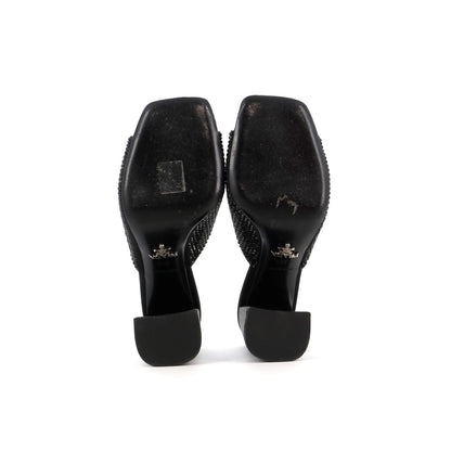 Prada Women'S Triangle Logo Heeled Mule Sandals Crystal Embellished Satin