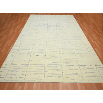 9'X12' White Modern Design Textured Weave Wool & Silk Hand Knotted Rug
