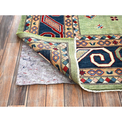 9'2"X11'7" Green Special Kazak Geometric Design Hand Knotted Pure Wool Rug