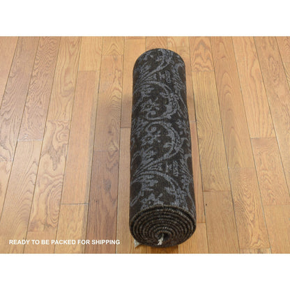 2'4"X9'8" Green Abarasque Motif Design Wool And Silk Handmade Runner Rug