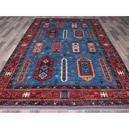 6'3"X9'1" Blue Afghan Caucasian Design Revival Hand Knotted Soft Wool Rug