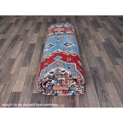 8'10"X11'8" Blue Kazak With Geometric Design Hand Knotted Soft Wool Rug