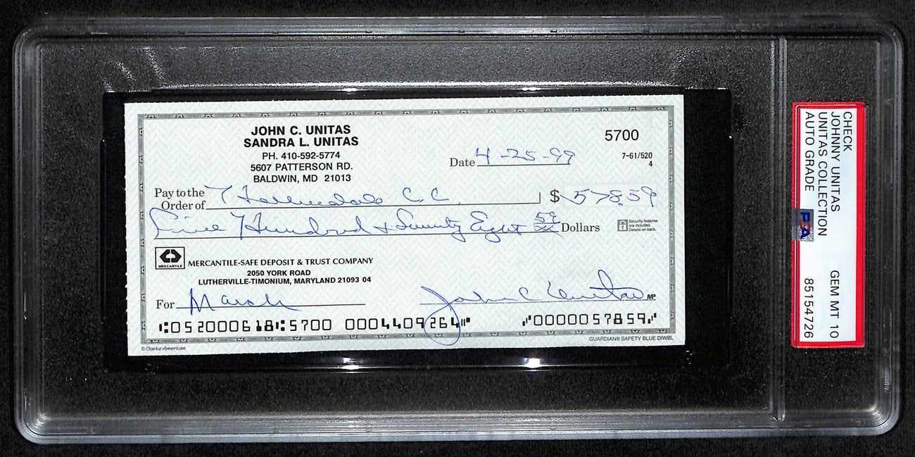 Johnny Unitas Hof Signed/Auto 1999 Bank Check Colts Psa/Dna Gem Mt 10 192623