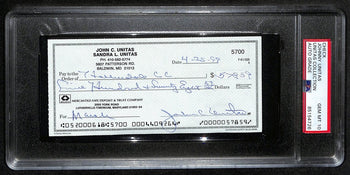 Johnny Unitas Hof Signed/Auto 1999 Bank Check Colts Psa/Dna Gem Mt 10 192623