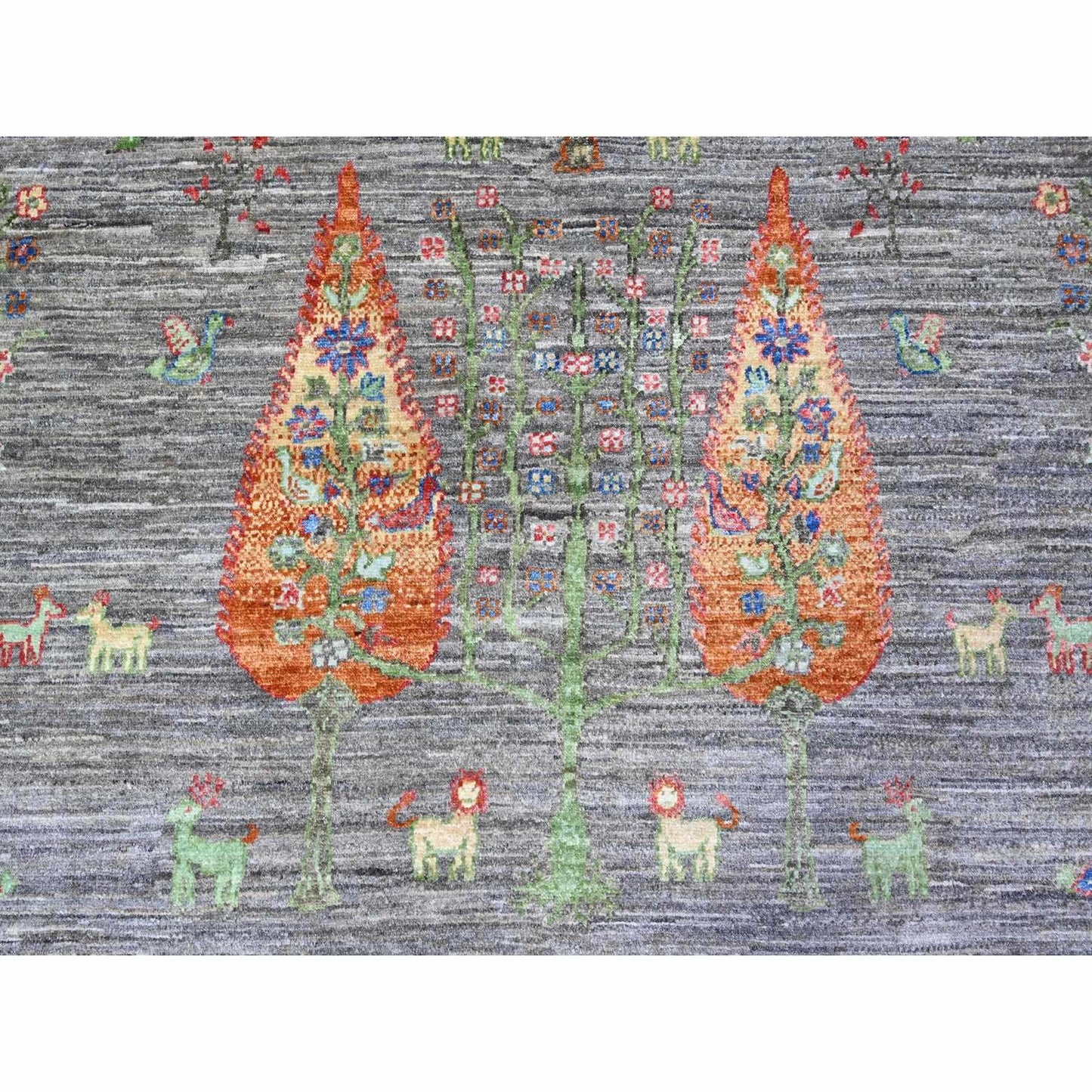 8'X9'5" Gray Folk Art Willow Cypress Tree Design Wool Hand Knotted Rug