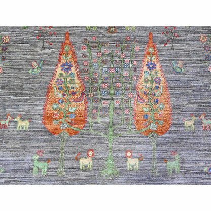 8'X9'5" Gray Folk Art Willow Cypress Tree Design Wool Hand Knotted Rug