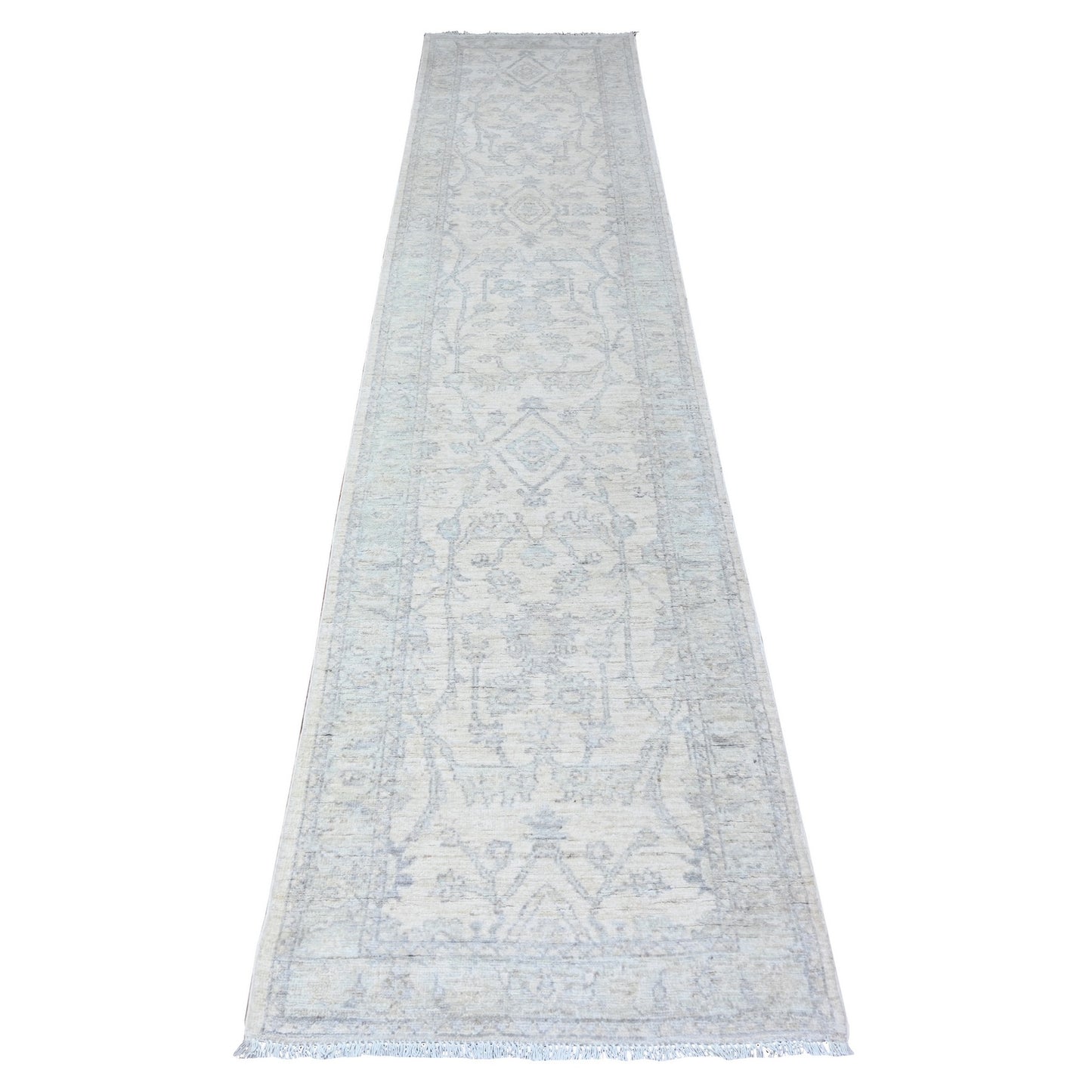 2'5"X11'8" White Natural Wool White Wash Peshawar Hand Knotted Runner Rug