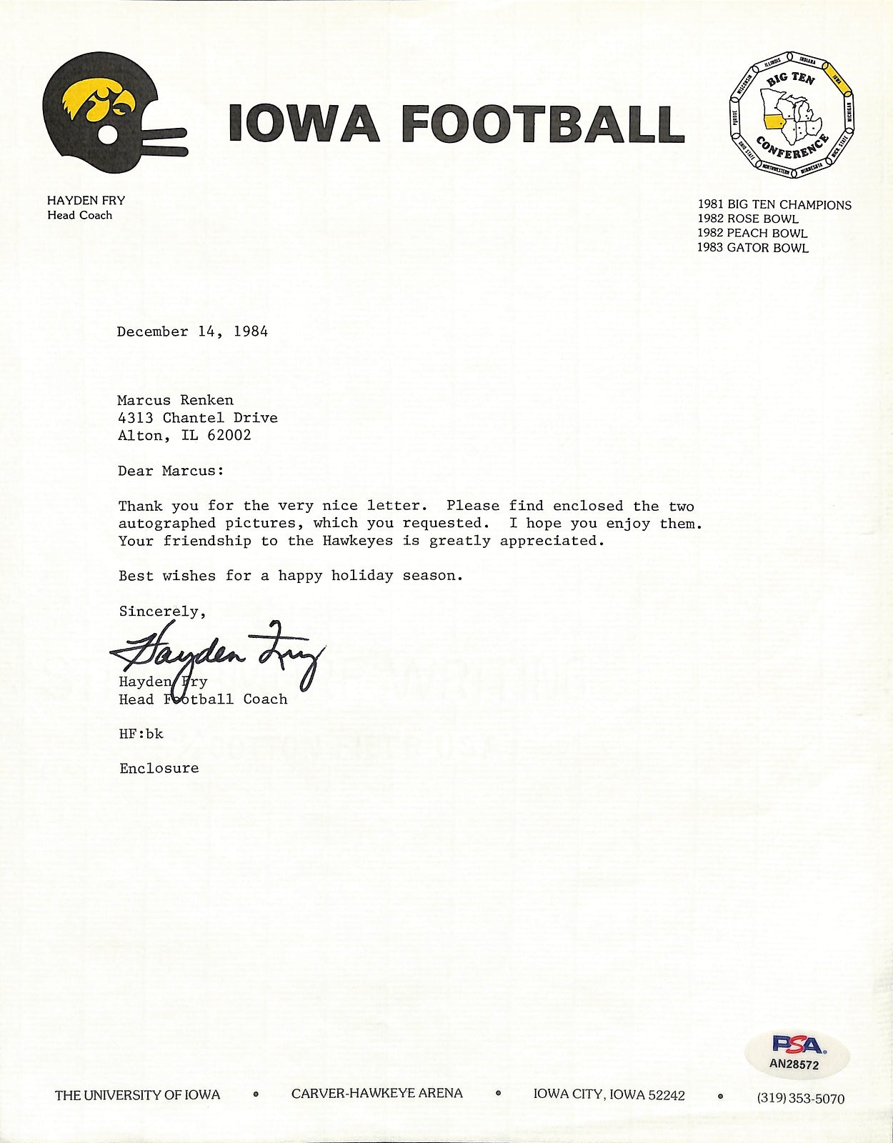 Hayden Fry Football Coach Signed Tls Letter University Of Iowa Psa/Dna 185266