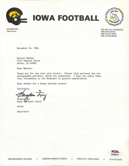 Hayden Fry Football Coach Signed Tls Letter University Of Iowa Psa/Dna 185266