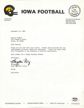 Hayden Fry Football Coach Signed Tls Letter University Of Iowa Psa/Dna 185266