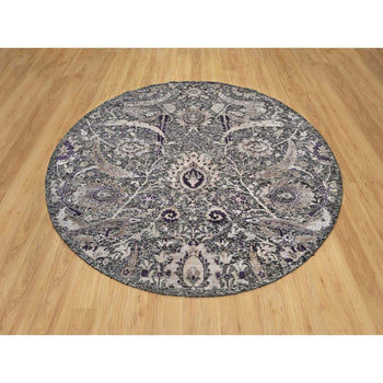 8'X8' Brown Hand Knotted Wool And Silk Sickle Leaf Round Oriental Rug
