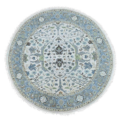 Oushak rug round wool hand knotted floral motifs 8'x8' gray oyster
