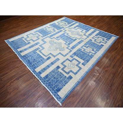 8'X9' Denim Blue Fine Peshawar Wool Hand Knotted Oriental Rug