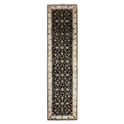 3'1"X12'2" Caviar Black Rajasthan Hand Knotted Wool Silk Runner Rug