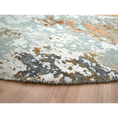 9'9"X9'9" Shades Of Gray Abstract Design Pure Wool Hand Knotted Round Rug