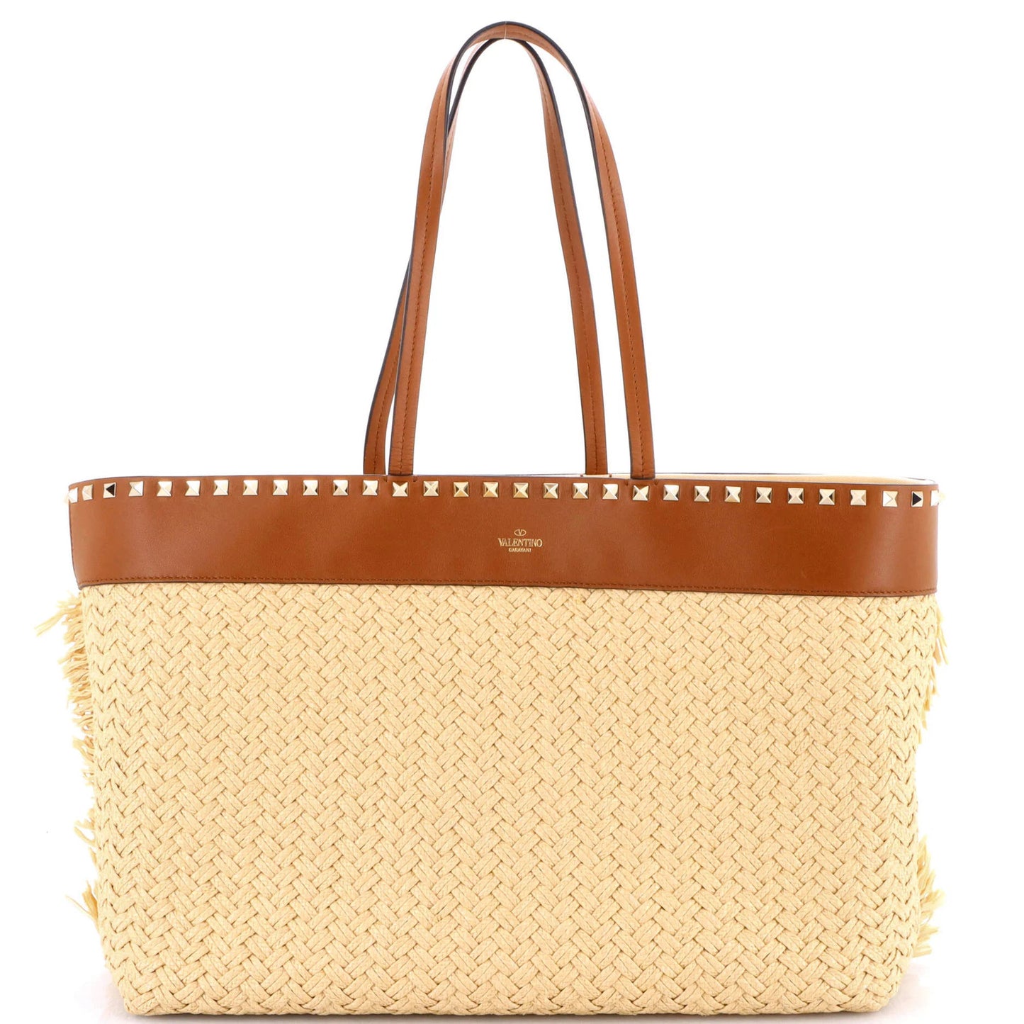 Valentino Garavani Rockstud Shopping Tote Raffia With Leather Large